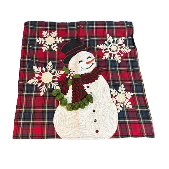 Pottery Barn Snowman Plaid Embroidered Crewel And PomPom Christmas Pillow Cover - Picture 1 of 16